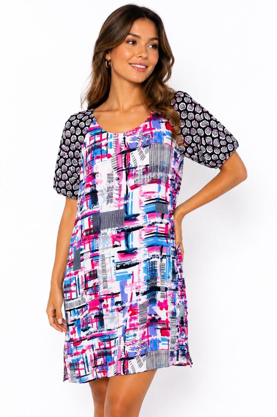 JAPNA Multicolor Abstract Print Puff Sleeve Shift Dress size large